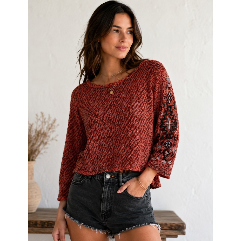 Eyeshadow Sweater Boho Indie Large Boho western Embroidered Cropped Marled Knit